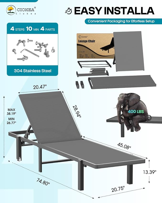 Ciokea Aluminum Chaise Lounge Chair Outdoor with Wheels - Photo 2