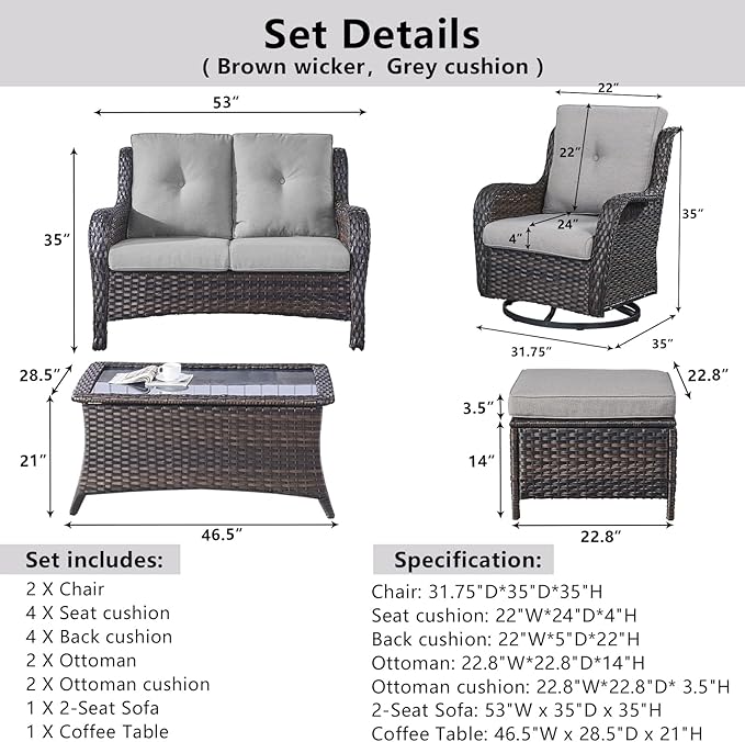 Belord 6 Piece Wicker Patio Furniture Set, Outdoor Swivel Rocker Chairs Set of 2 with Ottomans and Loveseat, All Weather Patio Conversation Furniture Set, for Pool,Yard,SunroomGray Wicker/Gray