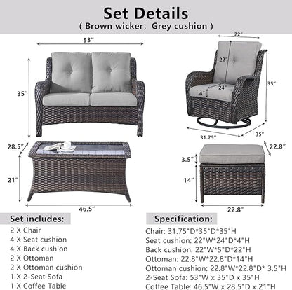 Belord 6 Piece Wicker Patio Furniture Set, Outdoor Swivel Rocker Chairs Set of 2 with Ottomans and Loveseat, All Weather Patio Conversation Furniture Set, for Pool,Yard,SunroomGray Wicker/Gray