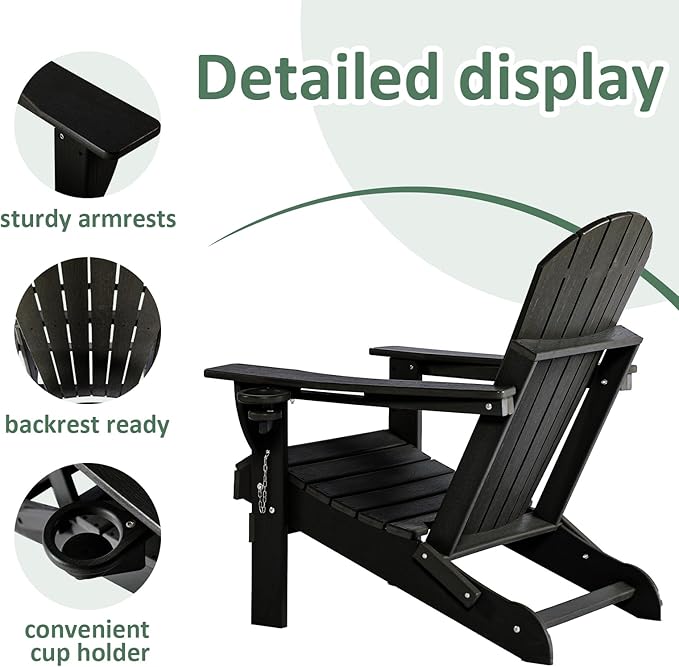 HDPE Folding Adirondack Chair Set of 2 with Cup Holder, 380lbs Modern Adirondack Chair Weather Resistant, Outdoor Patio Chair for Fire Pit, Garden,Backyard,Porch,Pool,Deck,Black