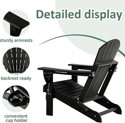 HDPE Folding Adirondack Chair Set of 2 with Cup Holder, 380lbs Modern Adirondack Chair Weather Resistant, Outdoor Patio Chair for Fire Pit, Garden,Backyard,Porch,Pool,Deck,Black