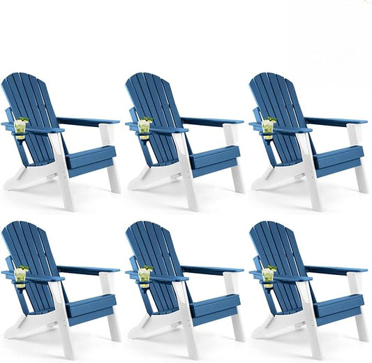 FUNBERRY Folding Adirondack Chair Set of 6, All Weather HDPE Fire Pit Chairs with Cup Holder for Outdoor
