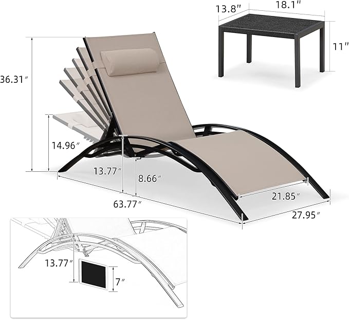 PURPLE LEAF Patio Oversized Chaise Lounge Chair Set with 2 Side Table Pool Adjustable Recliner Chairs for Outside Beach Outdoor Sunbathing Tanning Poolside Lounges