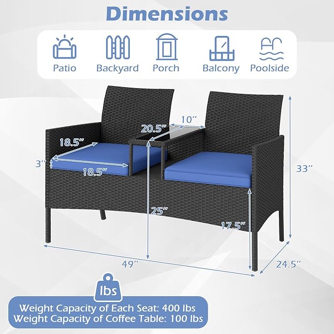 HAPPYGRILL Outdoor Rattan Loveseat, 2-Seat Patio Conversation Set with Built-in Coffee Table, Cushions, Wicker Bench Furniture for Backyard, Garden, Balcony, Porch (Navy)