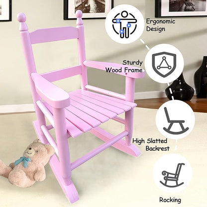 Toddler Rocking Chair for Kids Age 2-5, Hardwood Porch Rocker with Back Support & Armrest for Small Spaces Living Room Outdoor Garden, Easy Assembly (Light Pink)
