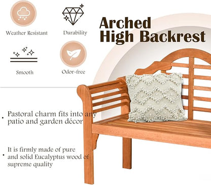 Classic Patio Loveseat Bench, Eucalyptus Wood, 4 FT, 2-Person, Foldable, Outdoor, Arched Back & Armrests, Natural Teak