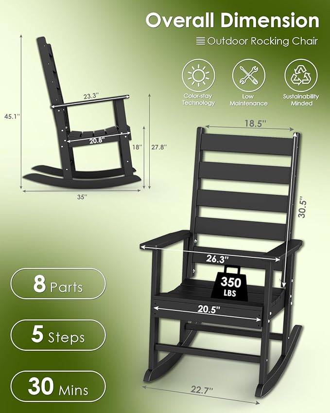 GREENVINES Outdoor-Rocking-Chairs-Set-of-2 | HDPE Plastic | Patio Rockers | Porch Rocker Chair | Shaker | Oversized | High Ladder Back | Big & Tall | PentaLuxe | Black
