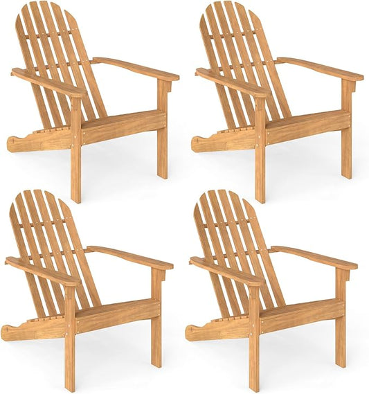 Tangkula Outdoor Adirondack Chair, Solid Acacia Wood Fire Pit Chair with Inclined Backrest, Curved Seat & Wide Armrests, Wooden Lawn Chair for Porch, Patio, Garden, Backyard, Deck (4, Natural)
