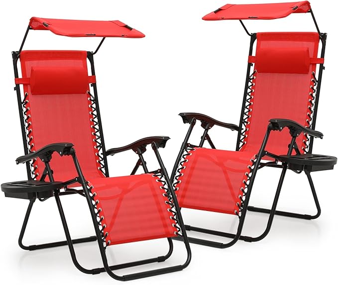 Athena Collection Patio Chairs Set of 2 Reclining Lounge Chair with Cup Holder and Pillow Fabric Camping Chairs with Canopy Foldable Beach Chairs for Garden, Park, Deck, Yard, Poolside, Red