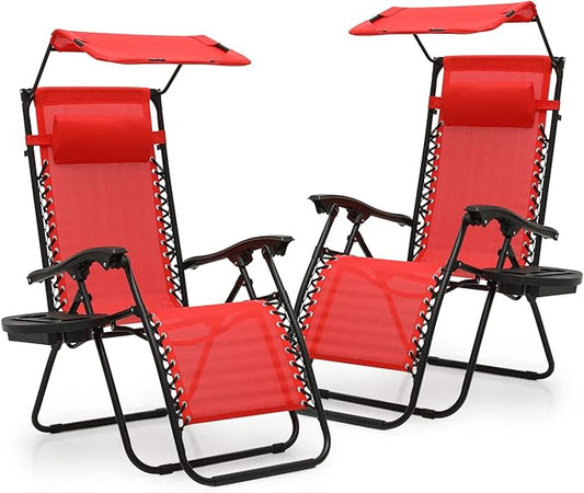 Athena Collection Patio Chairs Set of 2 Reclining Lounge Chair with Cup Holder and Pillow Fabric Camping Chairs with Canopy Foldable Beach Chairs for Garden, Park, Deck, Yard, Poolside, Red