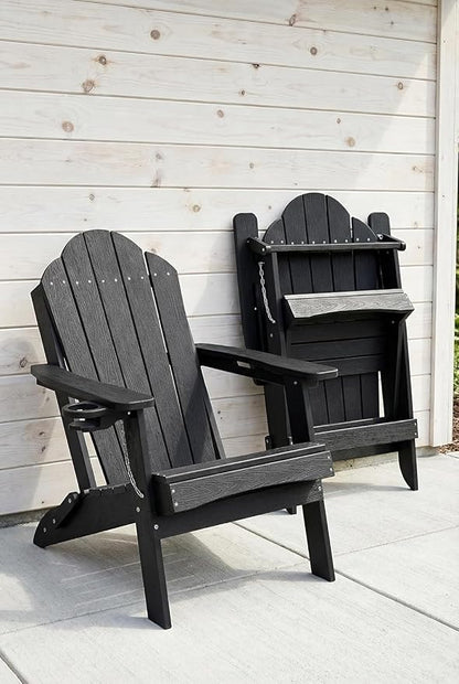 LUE BONA HDPE Folding Adirondack Chairs Set of 4 - Weather Resistant Seating with Cup Holder for Patio, Fire Pit, Deck & Resort Garden, Black