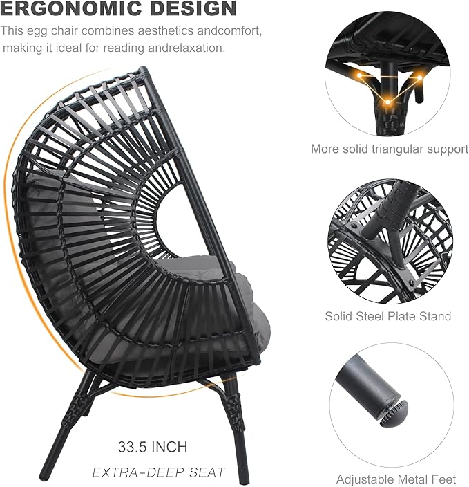 Oversized Wicker Egg Chair, Outdoor Indoor Rattan Patio Egg Lounge Chairs with Cushion 500lbs Capacity for Living Room, Balcony, Backyard(Black)