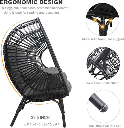 Oversized Wicker Egg Chair, Outdoor Indoor Rattan Patio Egg Lounge Chairs with Cushion 500lbs Capacity for Living Room, Balcony, Backyard(Black)