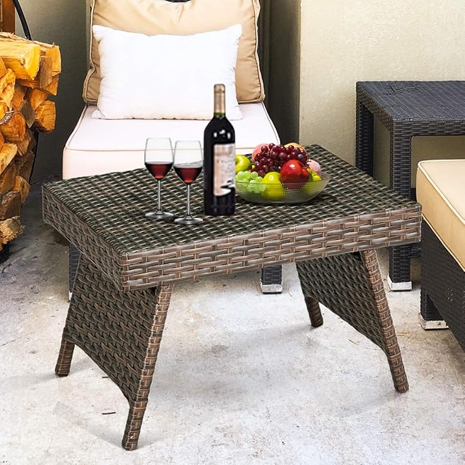 RELAX4LIFE Patio Rattan Side Table - Folding Coffee Table with Premium Brown PE Wicker & High-Duty Steel Frame - Photo 6