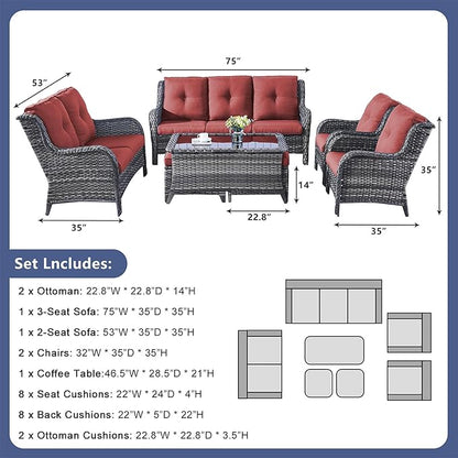 Rilyson Outdoor Patio Furniture Sofa Set - 7 PC Rattan Wicker Patio Sectional Conversation Sets with Sofa,Loveseat,Coffee Table,Armrest Chairs and Ottomans for Porch Deck Garden(Mixed Grey/Red)