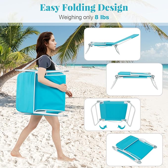 GYMAX Tanning Chair, 2Pcs Folding Beach Chairs with Adjustable Backrest, Footrest, 330lbs Capacity & Shoulder Strap, Portable Layout Sunbathing Loungers for Outside, Patio, Poolside (Turquoise)