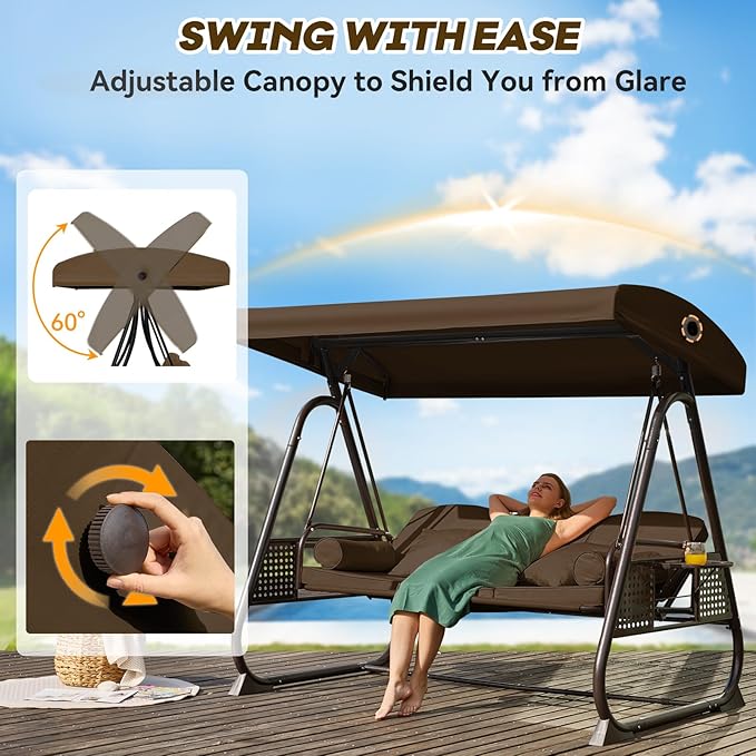 3 in 1 Outdoor Porch Swing with Adjustable Canopy, 3 Seat Outdoor Swing for Adults - Photo 4