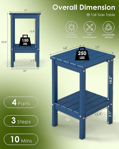 GREENVINES Tall-Outdoor-Side-Table | 23.5" | HDPE Plastic | Patio Adirondack End Tables | All Weather | 2-Tier | Blue | for Porch Garden Indoor & Rocking Chairs