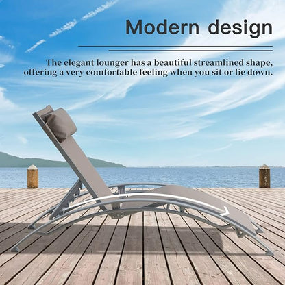 Domi Lounge Chair Set of 3, Aluminum Lounge Chairs for Outside with 5 Adjustable Positions, Chaise Lounge Outdoor for Pool, Garden, Beach, 2 Pool Chairs and 1 Side Table(Khaki)