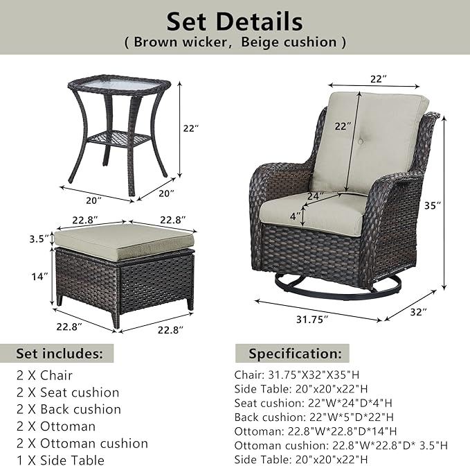 Belord 5 Piece Wicker Patio Furniture Set, Outdoor Swivel Rocker Chairs Set of 2 with Ottomans and Side Table - Photo 9