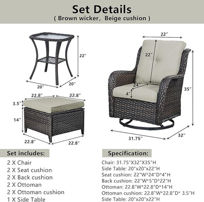 Belord 5 Piece Wicker Patio Furniture Set, Outdoor Swivel Rocker Chairs Set of 2 with Ottomans and Side Table, All Weather Patio Conversation Furniture Set, for Porch Pool, Brown Wicker/Beige