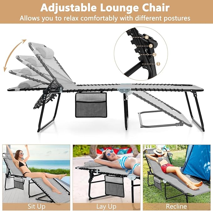Giantex Patio Lounge Chairs for Outside - Set of 2 Folding Tanning Chair w/Headrest, 4 Adjustable Positions, Side Pocket, Outdoor Chaise Lounge for Camping, Pool, Sunbathing Beach Chair, Grey