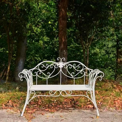 Retro Outdoor Bench Rustic Metal Garden Bench 2 People Outdoor Bench Garden Bench Front Porch Furniture Patio Lawn Yard Park, Indoor and Ourdoor Decor(White)