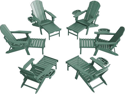 FOOWIN Adirondack Chair with Retractable Ottoman,HDPE Folding Adjustable Adirondack Chair w/4 in 1 Cup Holder Trays,All-Weather Resistant Fire Pit Chair for Outdoor Patio Lawn Set of 6