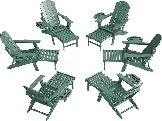 FOOWIN Adirondack Chair with Retractable Ottoman,HDPE Folding Adjustable Adirondack Chair w/4 in 1 Cup Holder Trays,All-Weather Resistant Fire Pit Chair for Outdoor Patio Lawn Set of 6