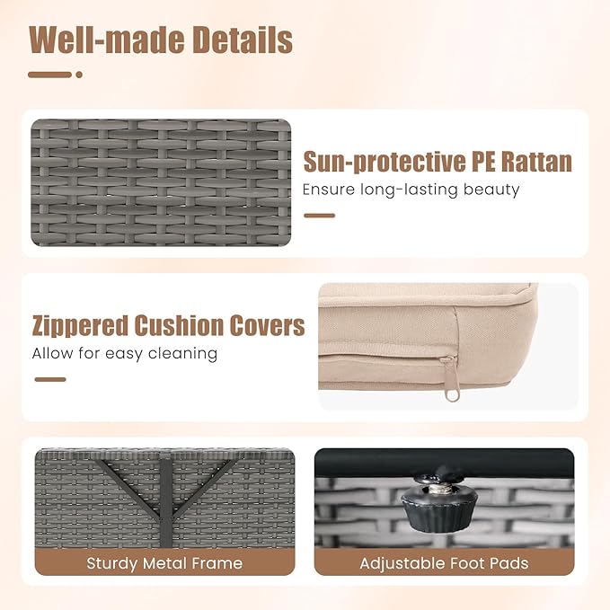 LDAILY Moccha Outdoor Daybed, Wicker Loveseat Sofa Set with 4-Postion Adjustable Backrest, Storage Ottoman, Cushions - Photo 8