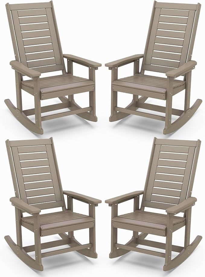 IVY&LANE Outdoor Rocking Chairs Set of 4 | Porch-Rockers | Desert Brown Wood Grain | HDPE Plastic | All-Weather | High Back | Wide Seat | Oversized Patio Rocker for Adult | for Outside Deck Balcony