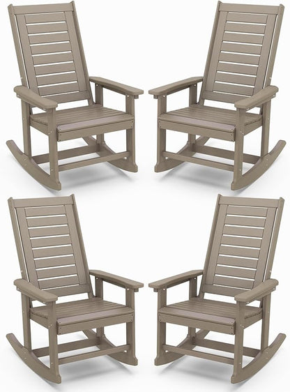 IVY&LANE Outdoor Rocking Chairs Set of 4 | Porch-Rockers | Desert Brown Wood Grain | HDPE Plastic | All-Weather | High Back | Wide Seat | Oversized Patio Rocker for Adult | for Outside Deck Balcony
