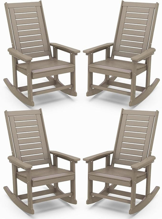 IVY&LANE Outdoor Rocking Chairs Set of 4 | Porch-Rockers | Desert Brown Wood Grain | HDPE Plastic | All-Weather | High Back | Wide Seat | Oversized Patio Rocker for Adult | for Outside Deck Balcony