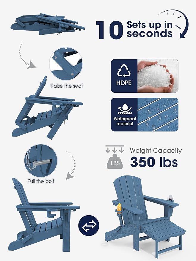 KINGYES Folding Adjustable Adirondack Chair with Retractable Ottoman, HDPE Recliner Adirondack Chair with Cup Holder, Blue