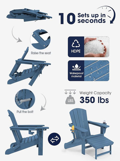 KINGYES Folding Adjustable Adirondack Chair with Retractable Ottoman, HDPE Recliner Adirondack Chair with Cup Holder, Blue