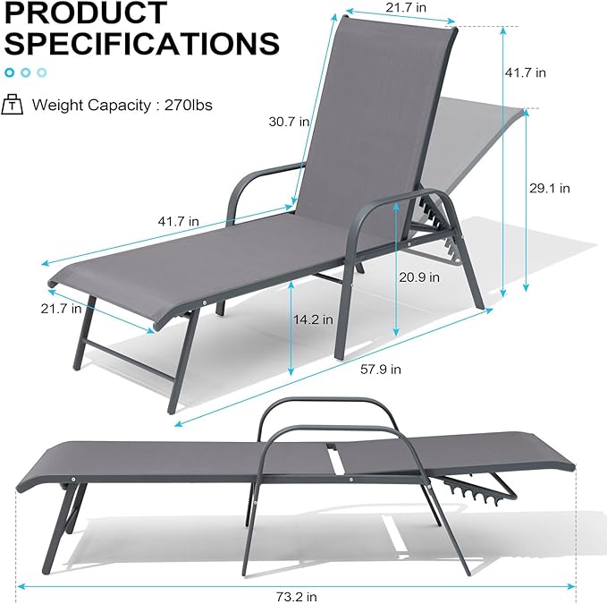 Crestlive Products Chaise Lounge Chair Outdoor with Armrests, Pool Lounge Chairs Set of 2, Aluminum Adjustable 5 Positions Sun Tanning Lounger for Patio, Poolside, Yard, Deck, Backyard (Grey)