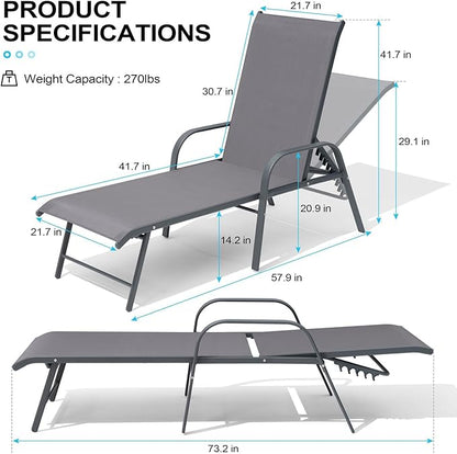 Crestlive Products Chaise Lounge Chair Outdoor with Armrests, Pool Lounge Chairs Set of 2, Aluminum Adjustable 5 Positions Sun Tanning Lounger for Patio, Poolside, Yard, Deck, Backyard (Grey)