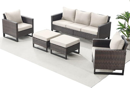Rilyson Wicker Outdoor Patio Furniture Set - 5 Piece Patio Conversation Set with 2 Wicker Armrest Chairs,2 Rattan Ottoman and 1 Couch for Outside Porch Deck Backyard Garden(Brown/Beige)