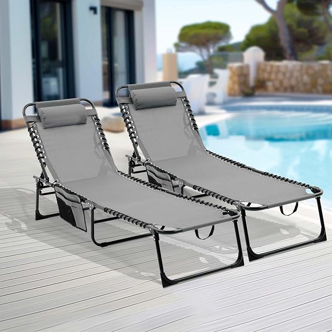 Folding Chaise Lounge Chair Set of 2, Patio Sun Tanning Chair with 4-Position Reclining Back - Photo 1