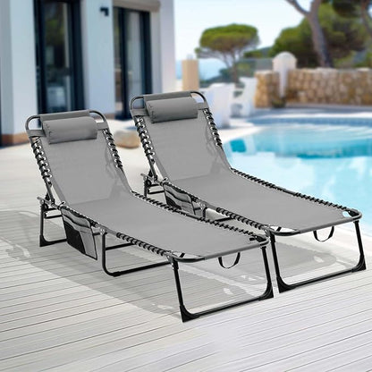 Folding Chaise Lounge Chair Set of 2, Patio Sun Tanning Chair with 4-Position Reclining Back, Breathable Mesh Outdoor Lounge Chair for Pool Beach, Adjustable Footrest, Portable, Gray