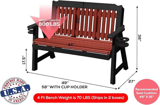 2-Person 4FT Plastic Poly Lumber Wood Cup Holders Bench Amish Craftsmanship Made in USA HDPE with No wood fibers Memorial Patio Outdoor Garden Porch Church Logan Series Signature design 800 lbs Limit