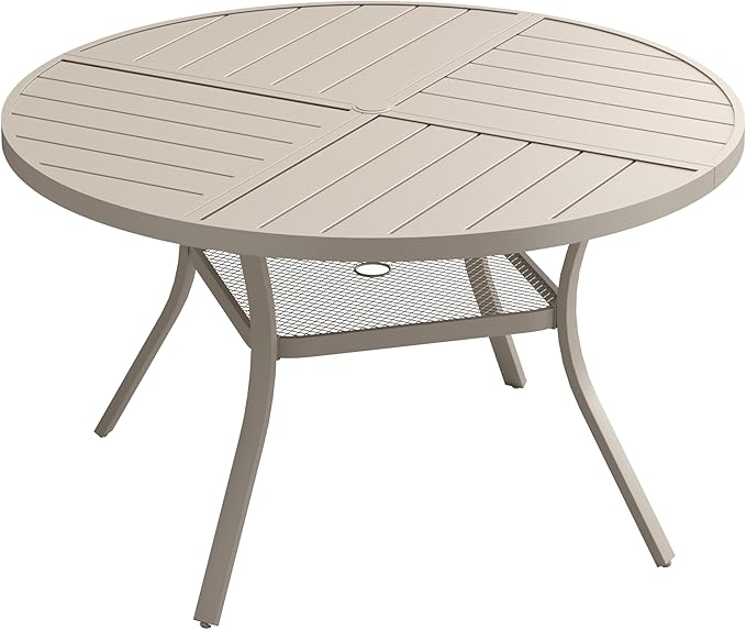 VICLLAX 47.2" Round Patio Dining Table for 4-6, All Weather Metal Outdoor Table with 1.57" Umbrella Hole and Storage Shelf for Garden Lawn Deck, Sandshell