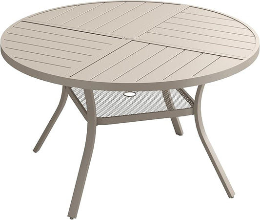 VICLLAX 47.2" Round Patio Dining Table for 4-6, All Weather Metal Outdoor Table with 1.57" Umbrella Hole and Storage Shelf for Garden Lawn Deck, Sandshell