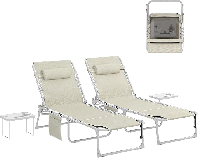 Outsunny Tanning Chair Set of 2 with Face Hole, Side Table - Photo 1