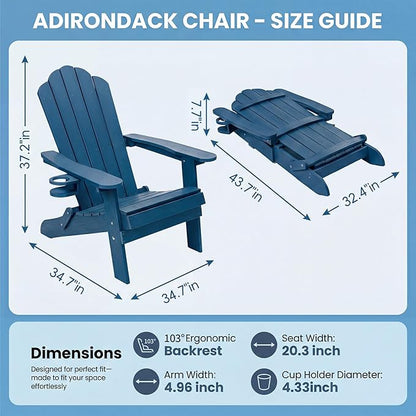 JEKO&JEKO Folding Adirondack Chairs Set of 4, All-Weather Outdoor Chair with Cup Holder, Plastic Adirondack Chair for Patio, Garden, Lawn, Porch, Deck, Backyard – Navy Blue