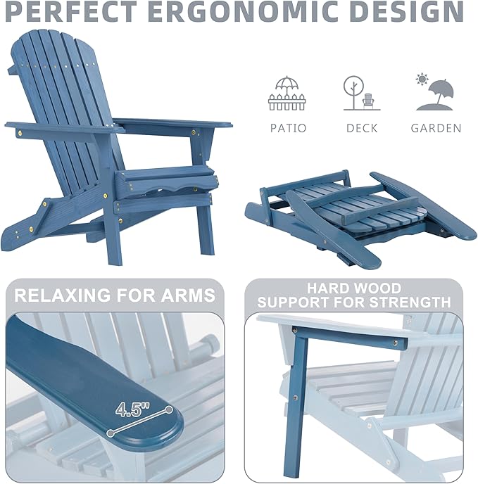 Wooden Folding Adirondack Chair with Ottoman, Pre-Assembled Backrest and Seat Board, Lounge Chair for Outdoor Patio Garden Lawn Backyard Firepit Deck Pool Beach