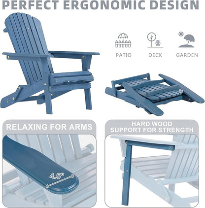 Wooden Folding Adirondack Chair with Ottoman, Pre-Assembled Backrest and Seat Board, Lounge Chair for Outdoor Patio Garden Lawn Backyard Firepit Deck Pool Beach