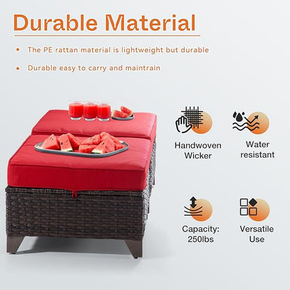 Joyside Patio Ottoman Set of 2, All Weather Outdoor Rattan Ottomans Patio Footstools with Removable Cushions for Garden Backyard Porch (Red)