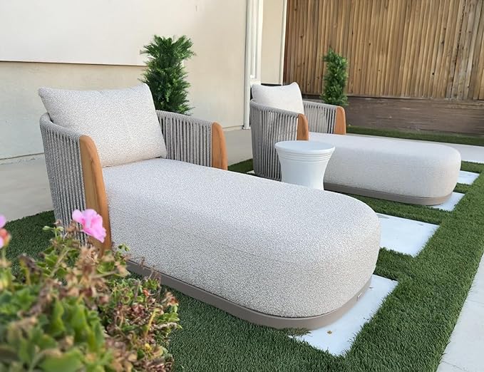 PURPLE LEAF Olefin Patio Chaise Lounge Chair Outdoor Set of 2, Upholstered Pool Lounge Chairs for Outdoor with Teak Armresfor Deck, Pool, Lawn, Garden, Courtyard, Porch, Khaki