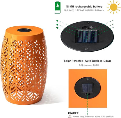 Glitzhome 18.25" H Outdoor Side Table with Leaf Pattern Solar Powered Light, Iron Cutout Drum Garden Stool Solar Decorative Lanterns, Metal End Table Plant Stand for Indoor Outdoor, Orange
